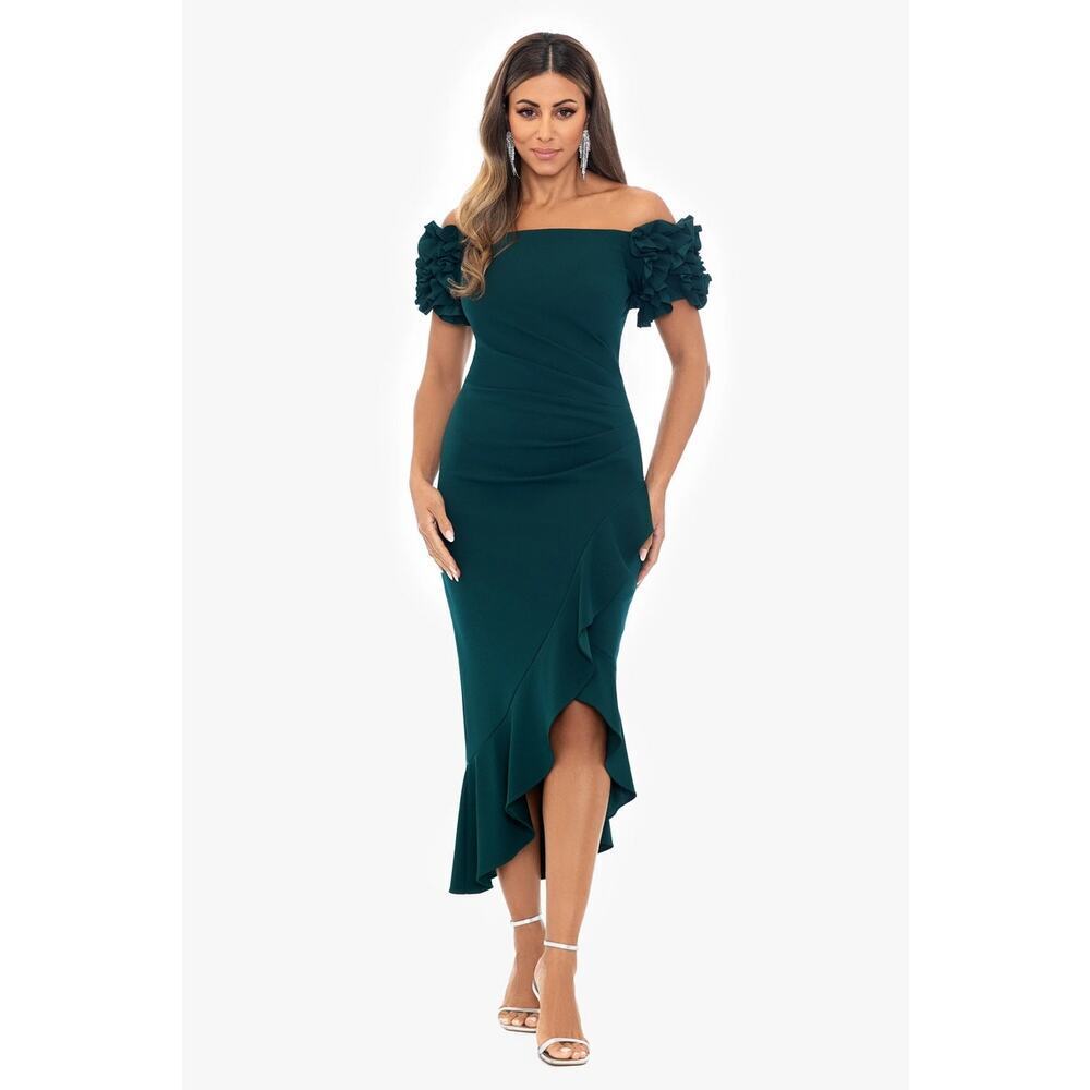 Xscape Evenings "Loretta" Scuba Crepe Off the Shoulder Midi Dress Size 14 NWT